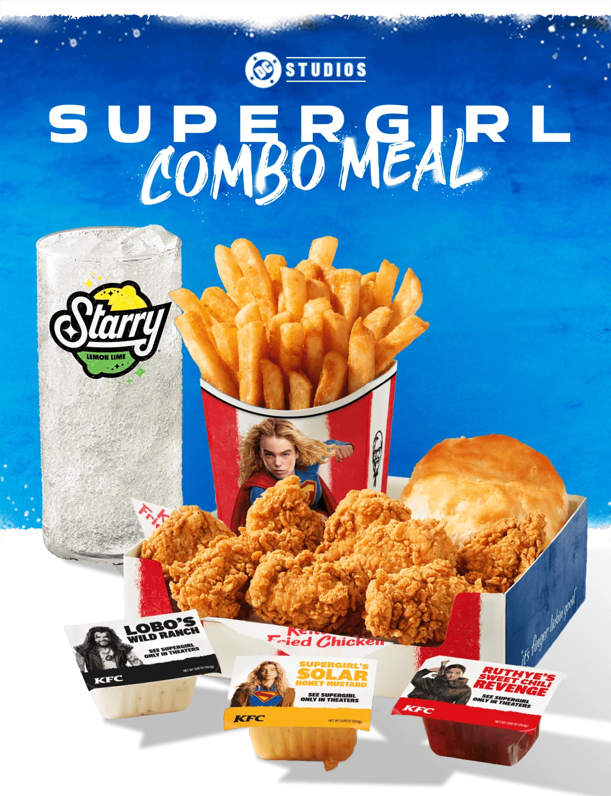 A box with 8 nuggets and a biscuit sitting in front of a drink and fries with Supergirl Sauces arrayed around it.