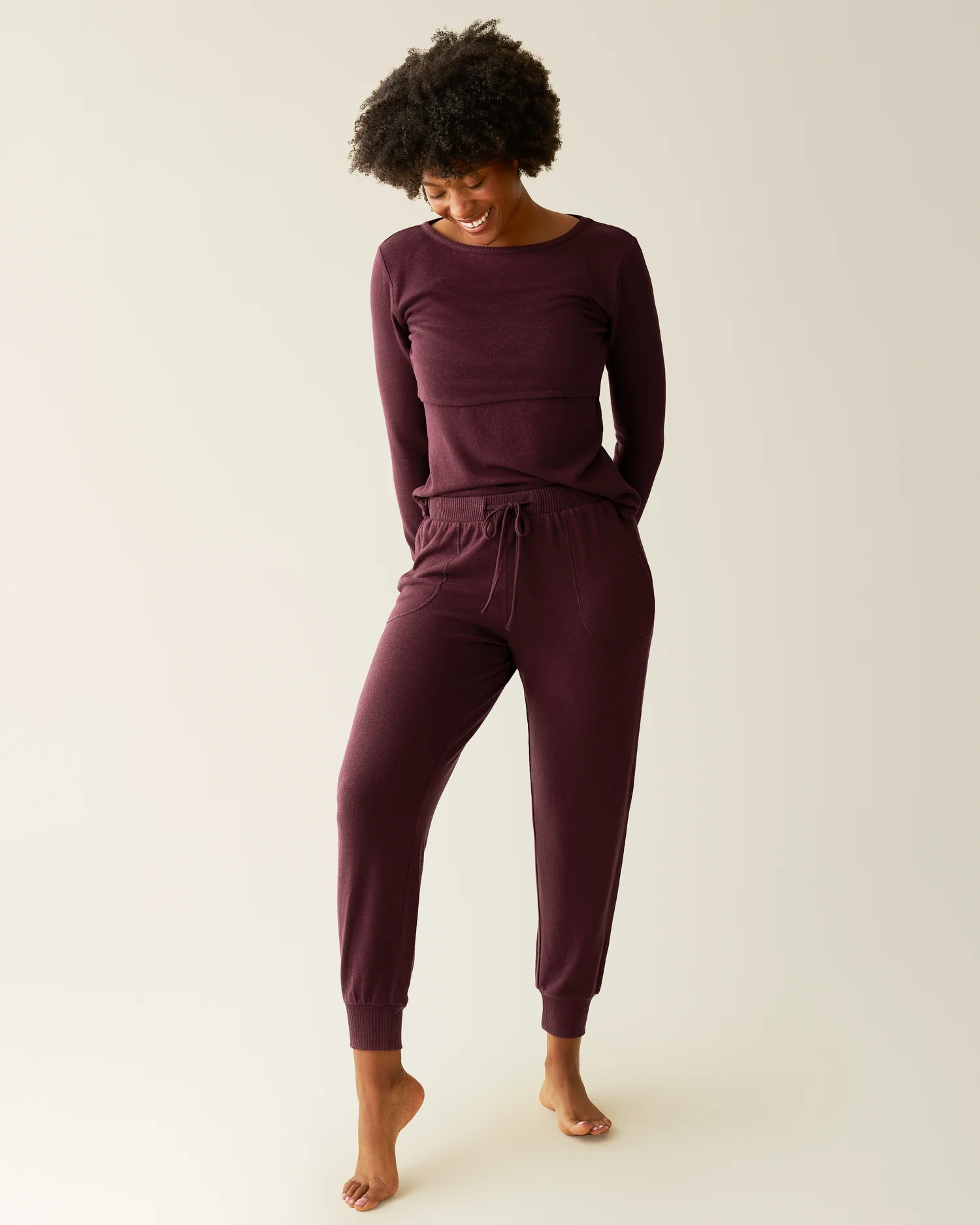 Image of CozyKnit Nursing Pajama & Lounge Set | Deep Burgundy