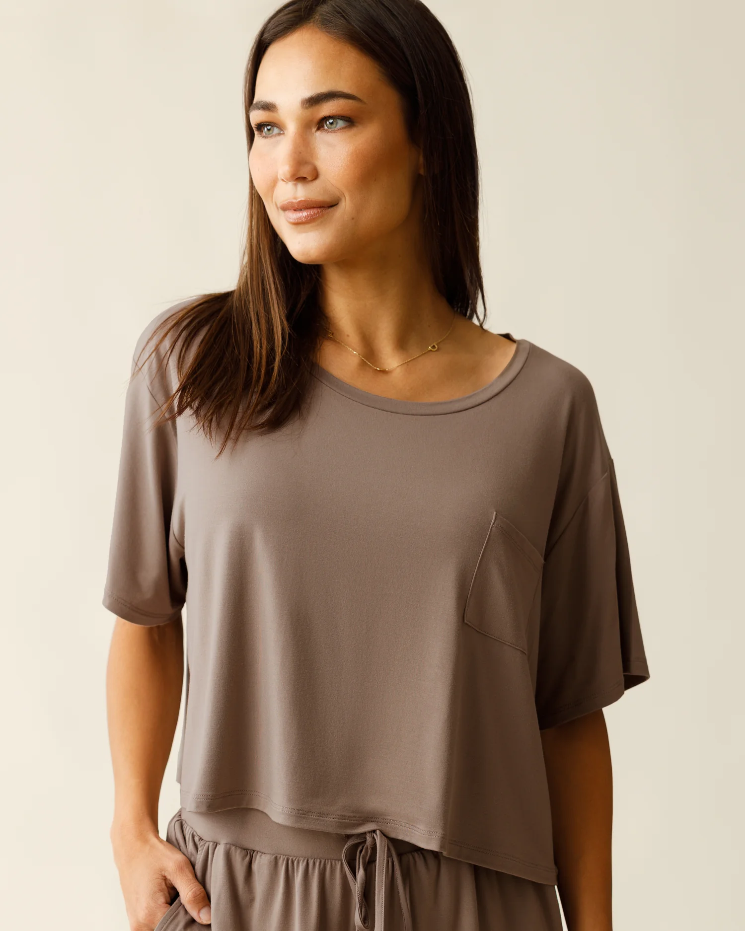 Image of Aria Bamboo Casual Cropped Short Sleeve Top | Taupe