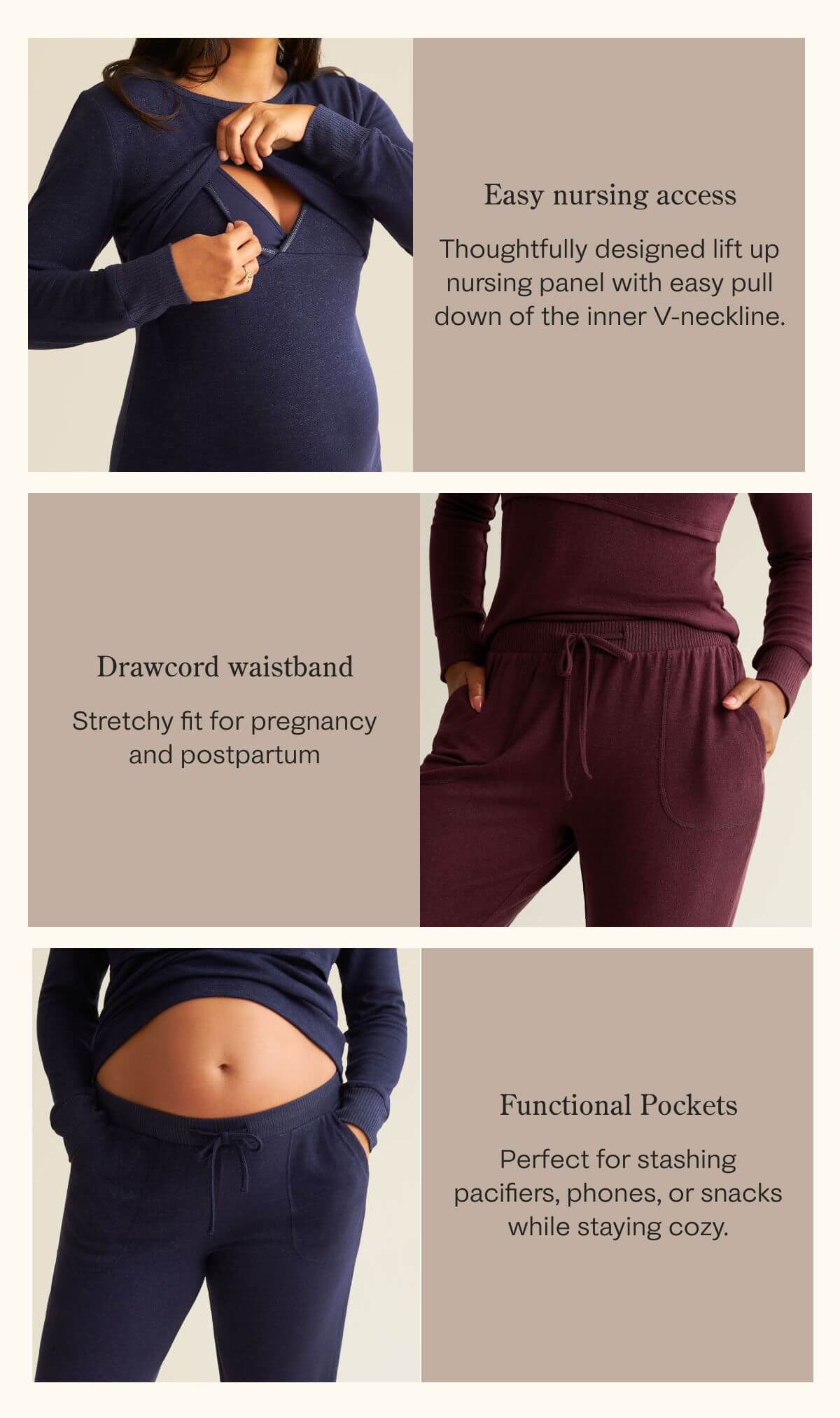 You'll love the easy nursing access, stretchy fit, and functional pockets.