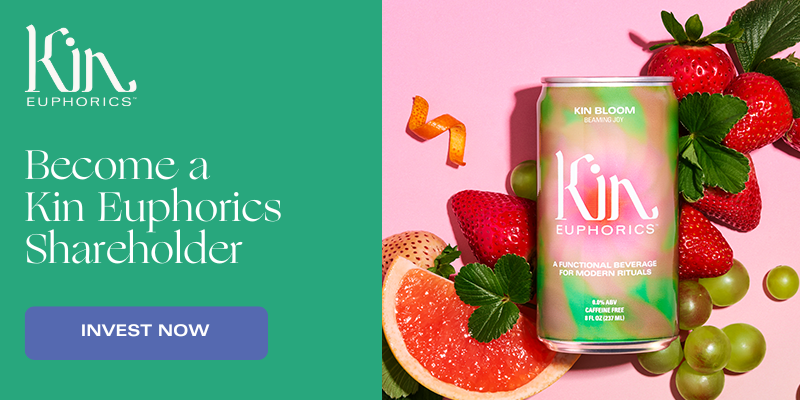 Banner reads: "Become a Kin Euphorics Shareholder". Click here to Invest Now