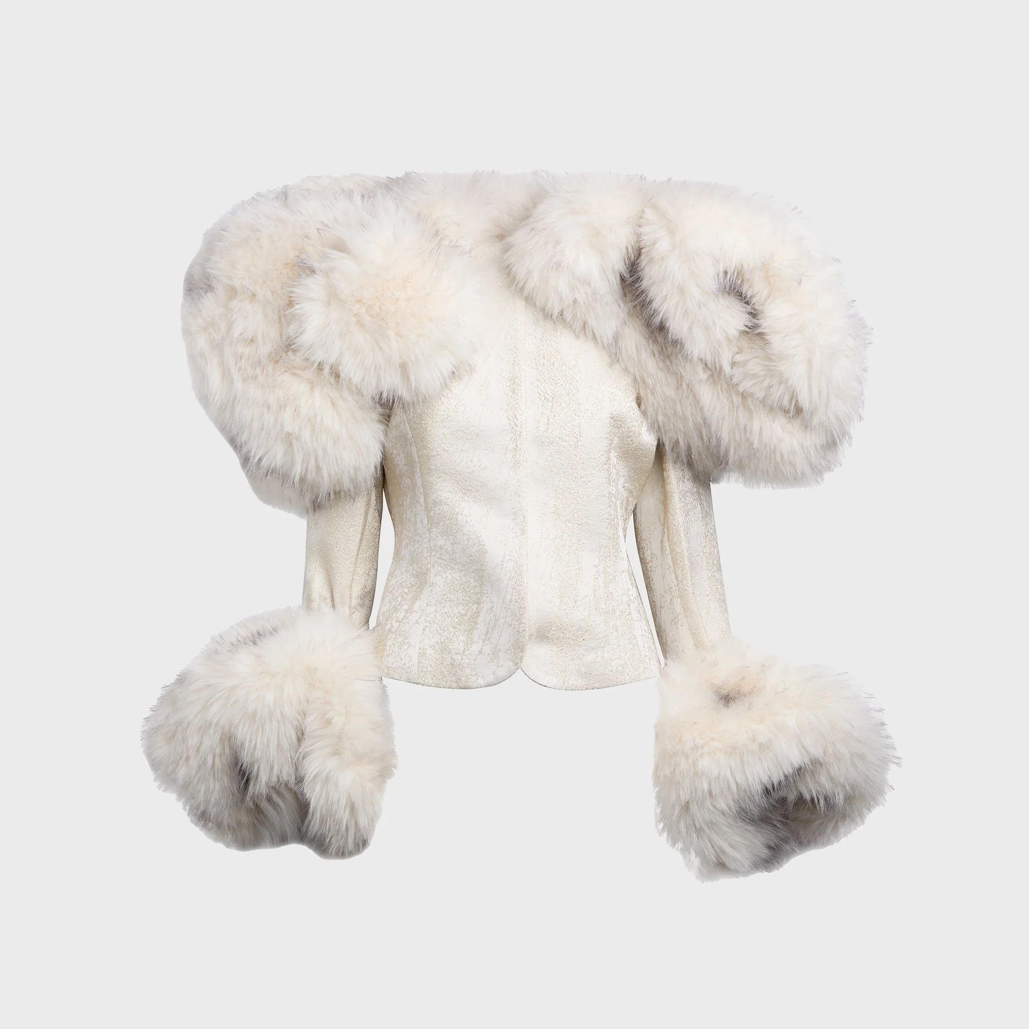 Image of Kim Shui Angelina Faux Fur Trim Brocade Jacket - White