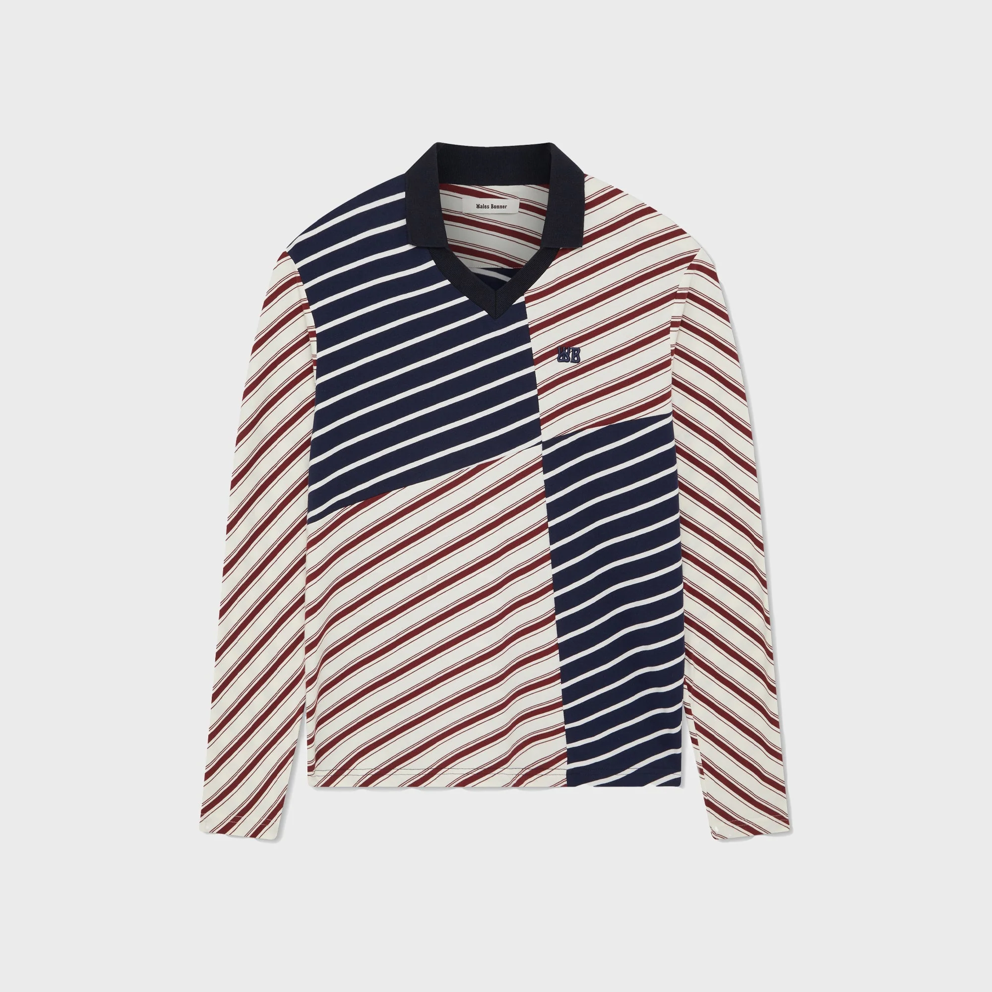 Image of Wales Bonner Cotton Stripe Jersey Spirit Polo - Maroon / Navy
