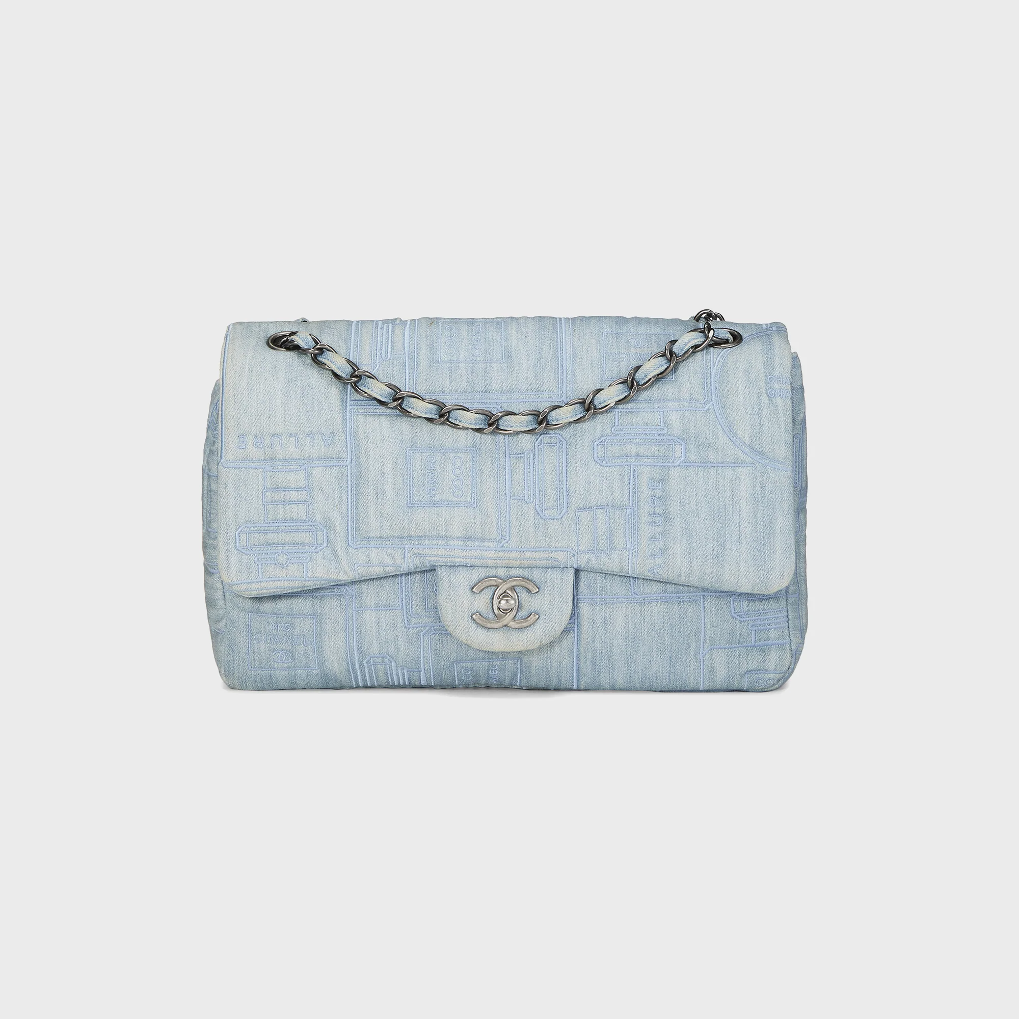 Image of WGACA Chanel Blue Denim Perfume Half Flap Jumbo Bag - Blue Denim