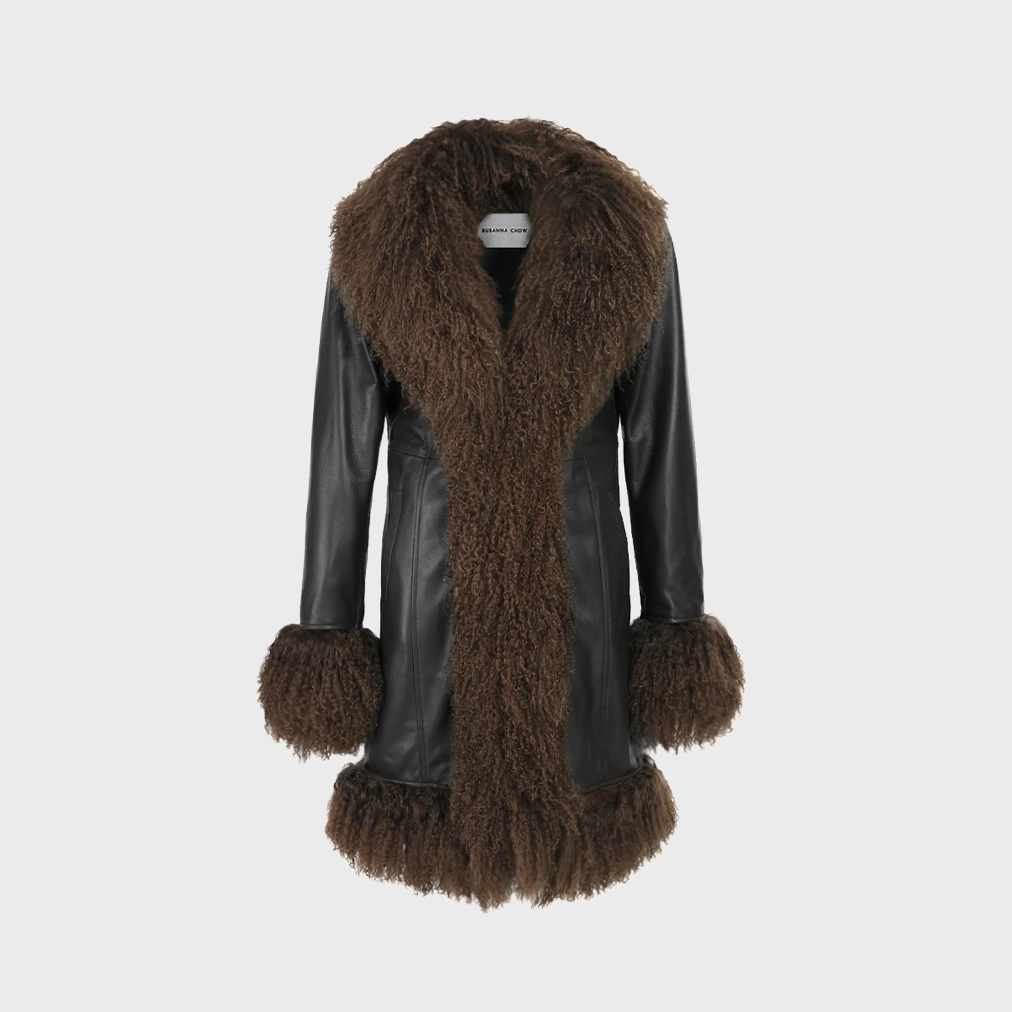 Image of Susanna Chow Dorothy Midi Leather Coat - Black / Brown Trim