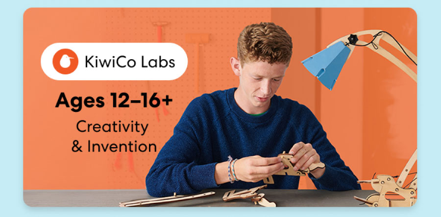 Teen creating an advanced KiwiCo project. Ideal for ages 12–16+ to spark creativity and innovation.