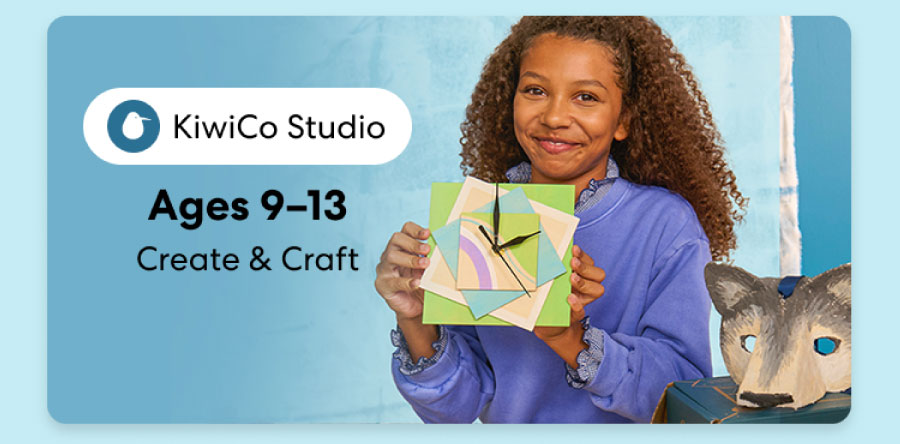Smiling teen holding a colorful KiwiCo art and design project. Inspires creativity for ages 9–18+