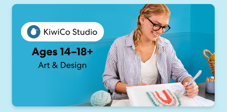 Smiling teen holding a colorful KiwiCo art and design project. Inspires creativity for ages 9–18+