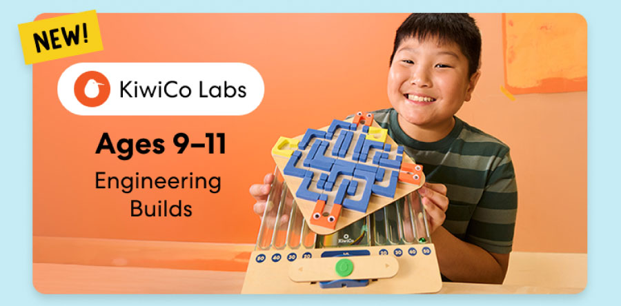 Boy building an engineering project from KiwiCo Labs, suitable for ages 9–11. Perfect for exploring engineering concepts.