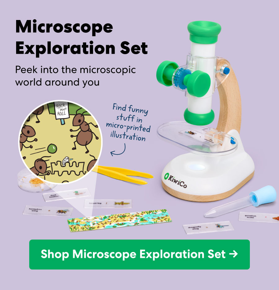 KiwiCo Microscope Exploration Set displayed with kid-friendly microscope and illustrated petri dish. Caption highlights discovering microscopic worlds. CTA button: “Shop Microscope Exploration Set.”