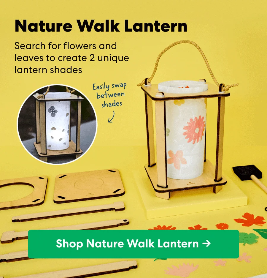 Animated GIF showing the Nature Walk Lantern kit with swappable floral lantern shades. Includes wooden frame pieces and caption: “Search for flowers and leaves to create 2 unique lantern shades.” CTA: “Shop Nature Walk Lantern.”
