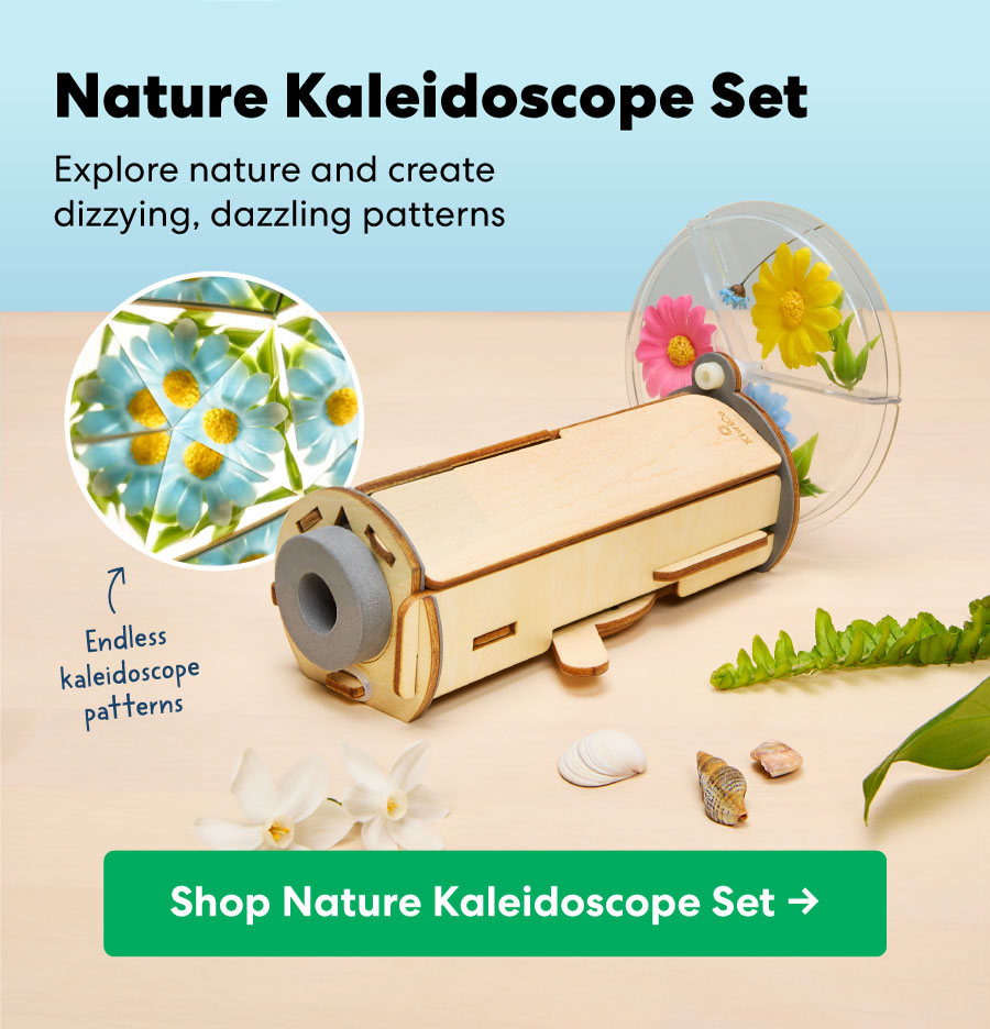 Nature Kaleidoscope Set with pressed flowers and natural materials. Caption encourages exploring patterns and creating dazzling kaleidoscope visuals. CTA: “Shop Nature Kaleidoscope Set.”