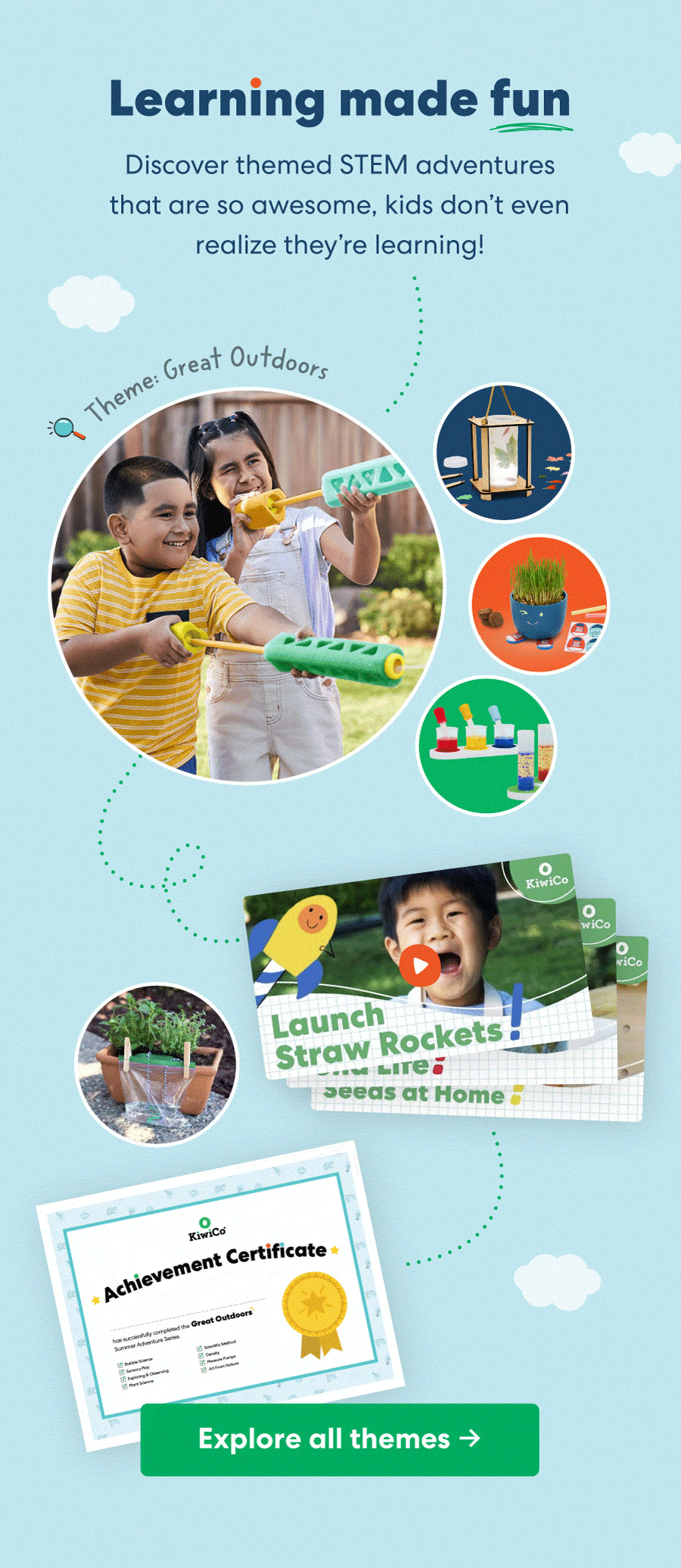 Illustration showing how each crate includes hours of fun, screen-free activities, and a STEM-based learning adventure.