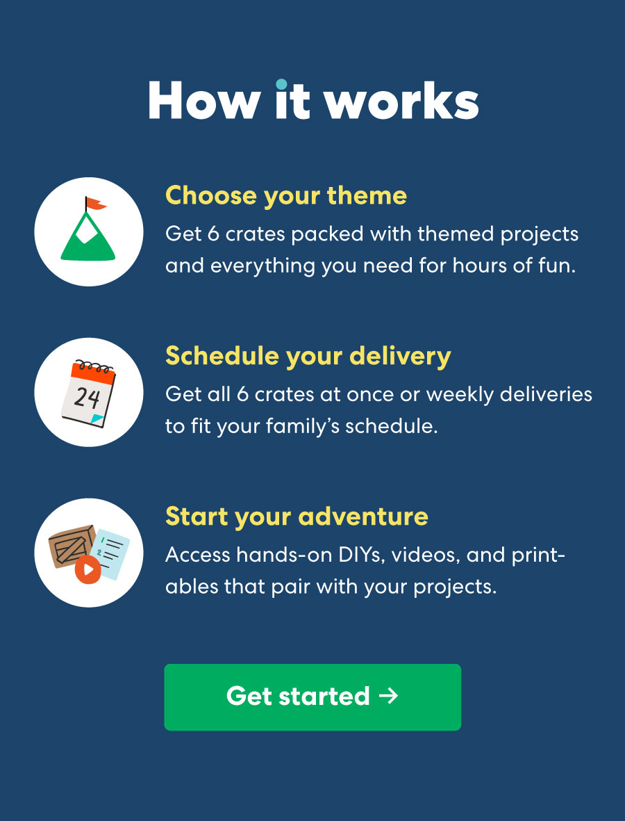 How it works | Choose your theme | Get 6 crates packed with themed projects and everything you need for hours of fun.