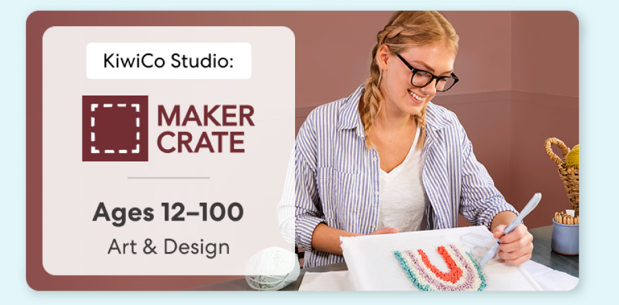 Smiling teen holding a colorful KiwiCo art and design project. Inspires creativity for ages 9–18+
