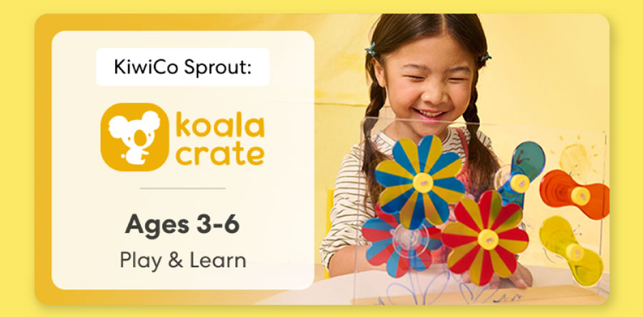 Young child smiling while working on creative KiwiCo Sprout projects, perfect for ages 3–5 for play and learn.