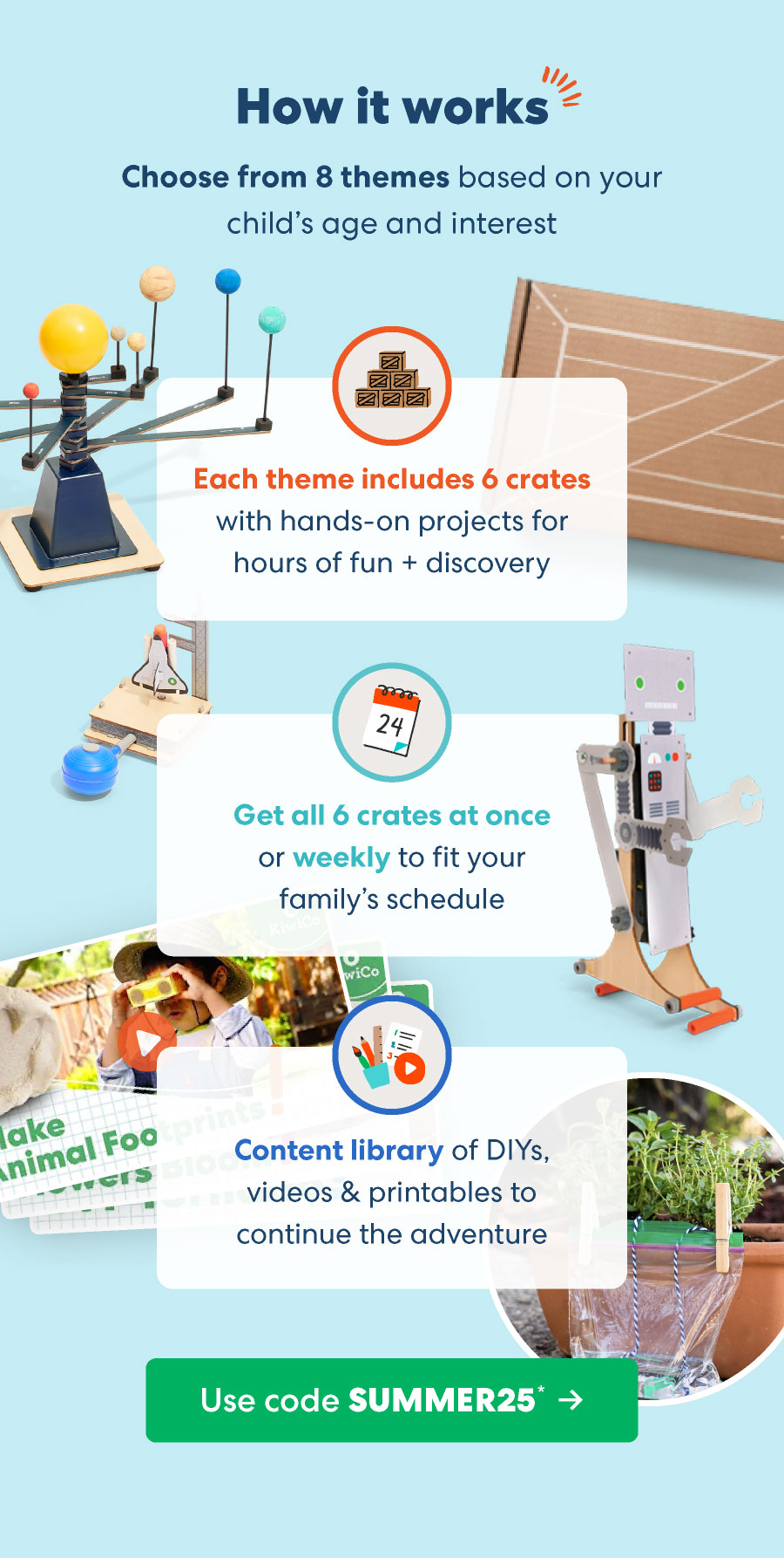 How it works | Choose from 8 themes based on your child's age and interest.