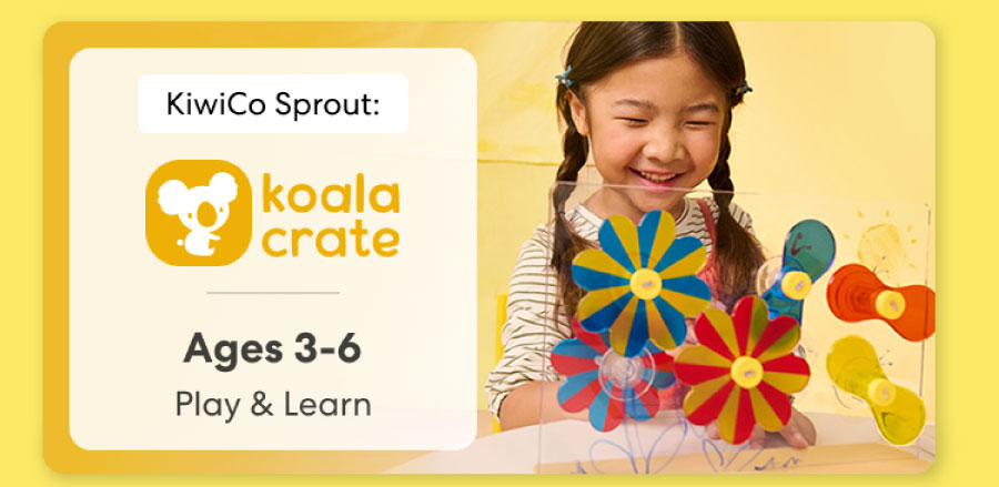 Young child smiling while working on creative KiwiCo Sprout projects, perfect for ages 3–5 for play and learn.