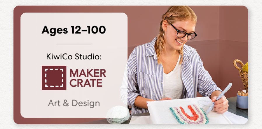 Smiling teen holding a colorful KiwiCo art and design project. Inspires creativity for ages 9–18+