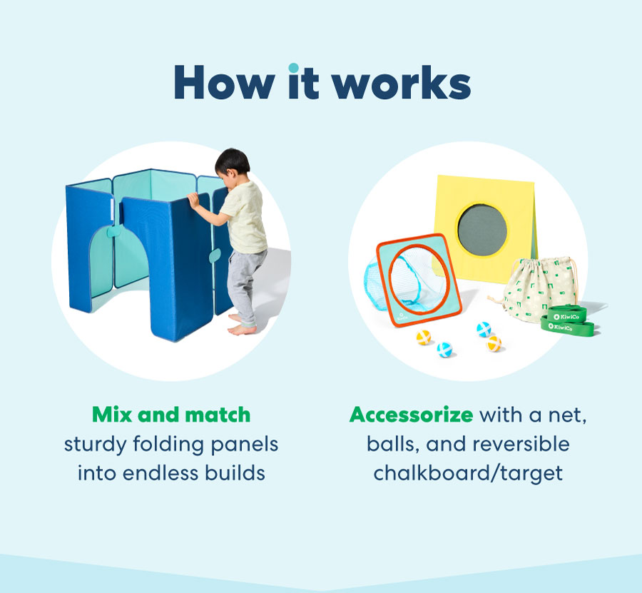 How it works Mix and match sturdy folding panels into endless builds Accessorize with a net, balls, and reversible chalkboard/target