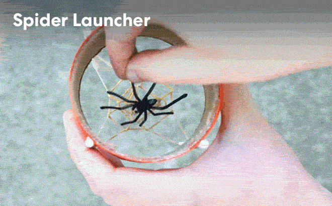 Image: A hand holding a spider launcher with a web inside it.