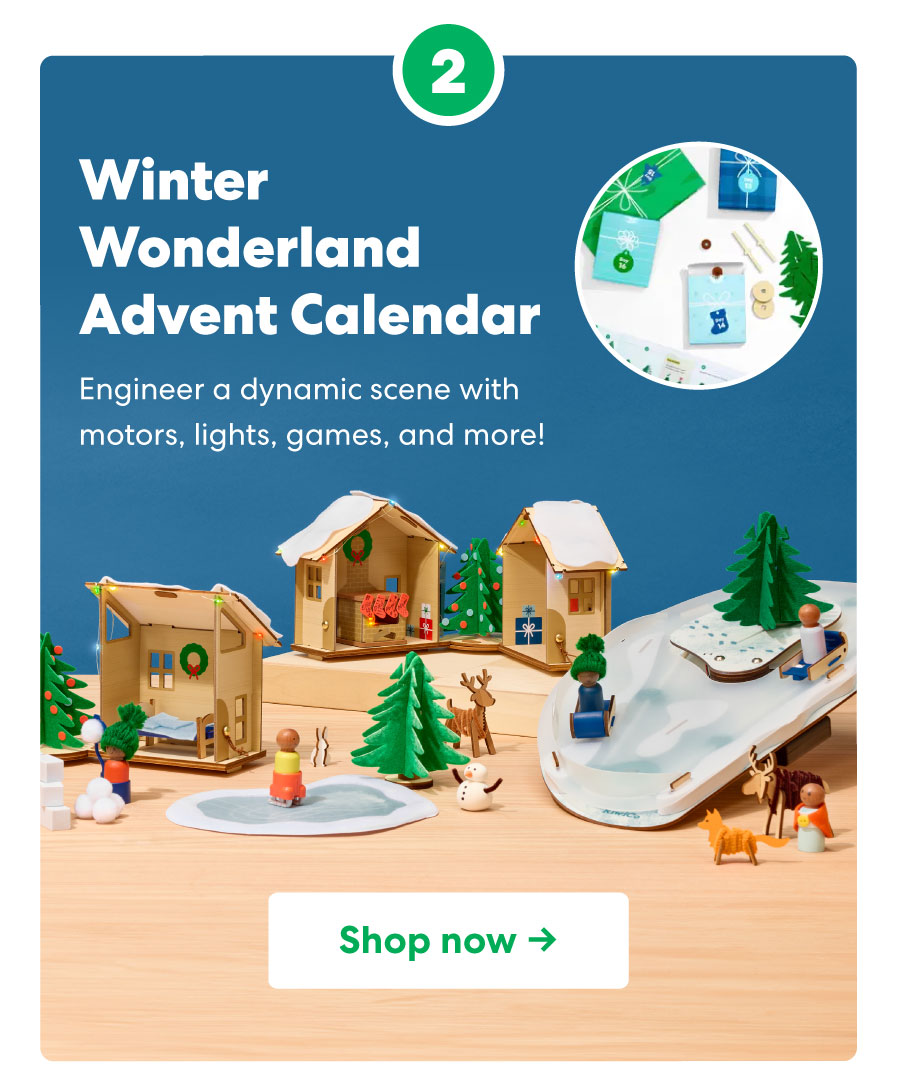 Winter Wonderland Advent Calendar Engineer a dynamic scene with motors, lights, games, and more! Shop now->