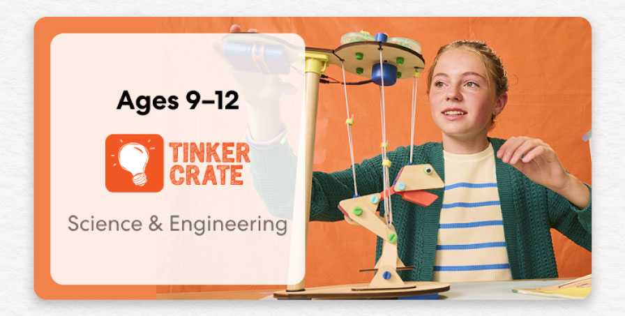 Boy building an engineering project from KiwiCo Labs, suitable for ages 9–11. Perfect for exploring engineering concepts.