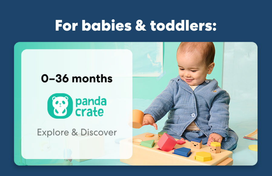 Baby playing with a KiwiCo Panda Crate toy. Designed for ages 0–36 months to explore and discover.
