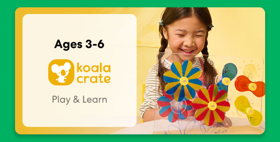 Young child smiling while working on creative KiwiCo Sprout projects, perfect for ages 3–5 for play and learn.