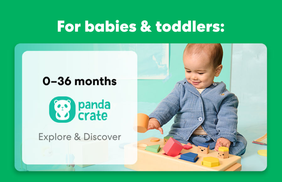 Baby playing with a KiwiCo Panda Crate toy. Designed for ages 0–36 months to explore and discover.