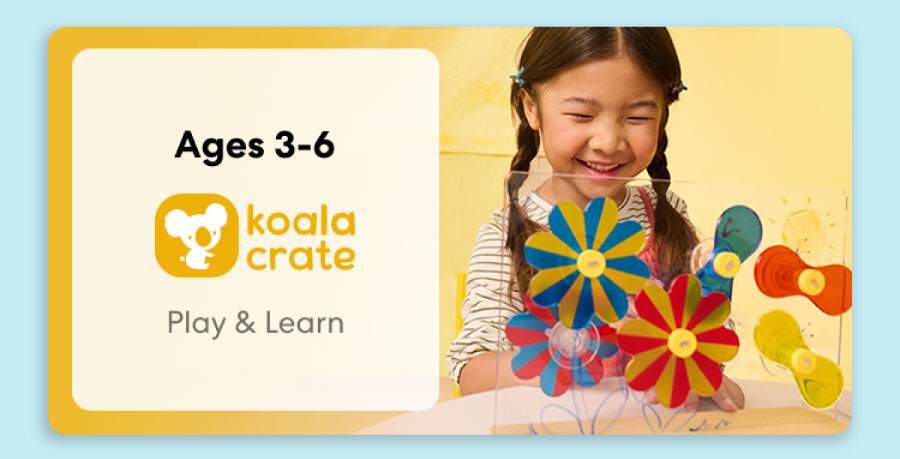 Young child smiling while working on creative KiwiCo Sprout projects, perfect for ages 3–6 for play and learn.