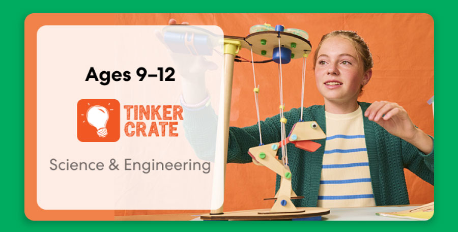 Tween building an engineering project from KiwiCo Labs, suitable for ages 9–12. Perfect for exploring engineering concepts.