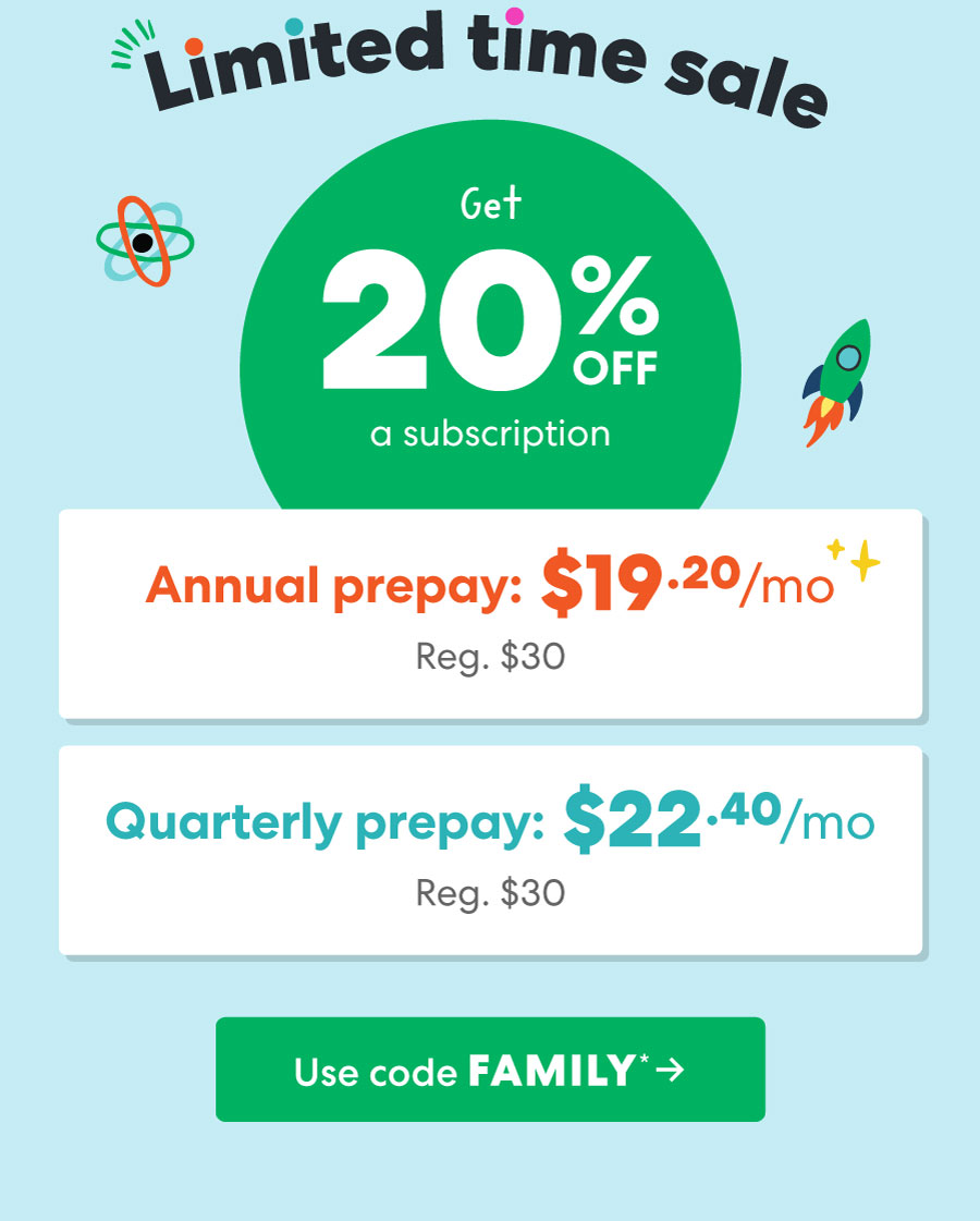 Annual prepay for $19.20/mo (reg. $30). Quarterly prepay: $22.40/mo (reg. $30)