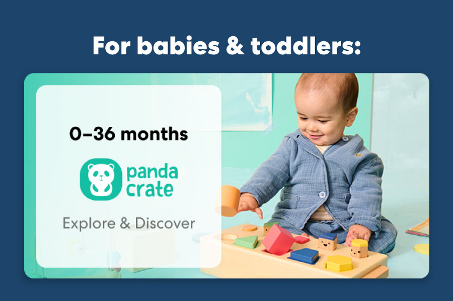 Baby playing with a KiwiCo Panda Crate toy. Designed for ages 0–36 months to explore and discover.
