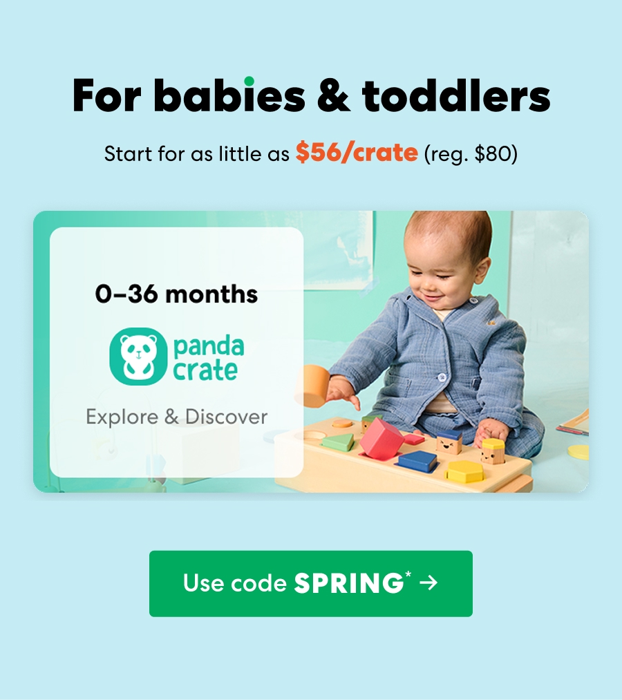Baby playing with a KiwiCo Panda Crate toy. Designed for ages 0–36 months to explore and discover.