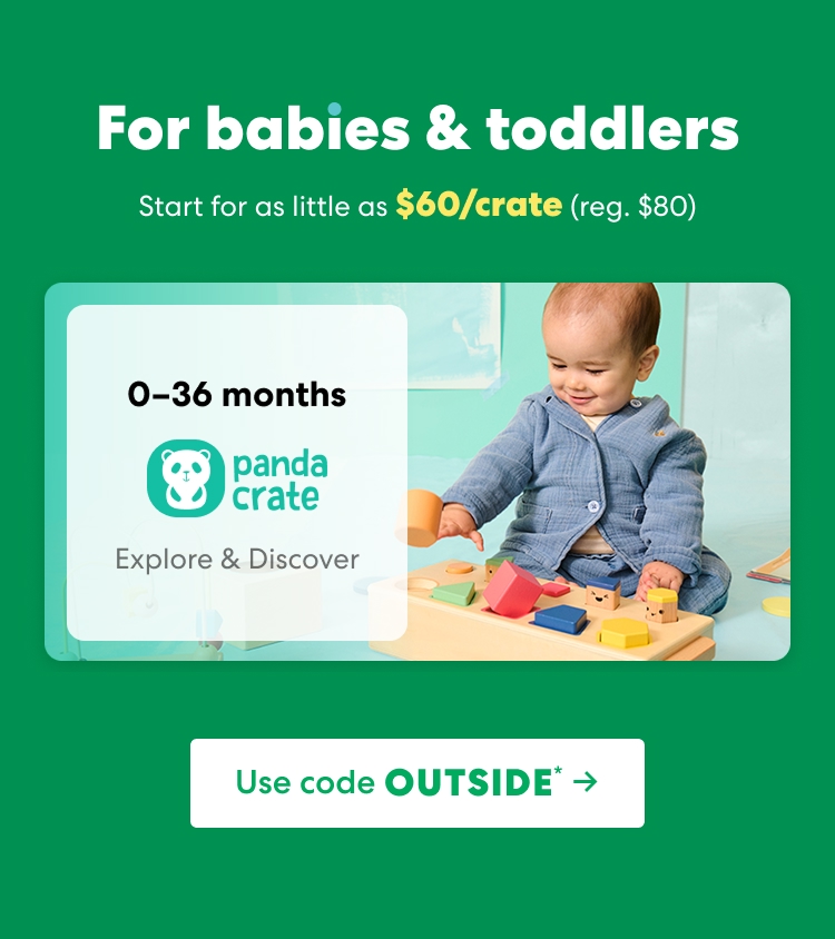 Baby playing with a KiwiCo Panda Crate toy. Designed for ages 0–36 months to explore and discover.