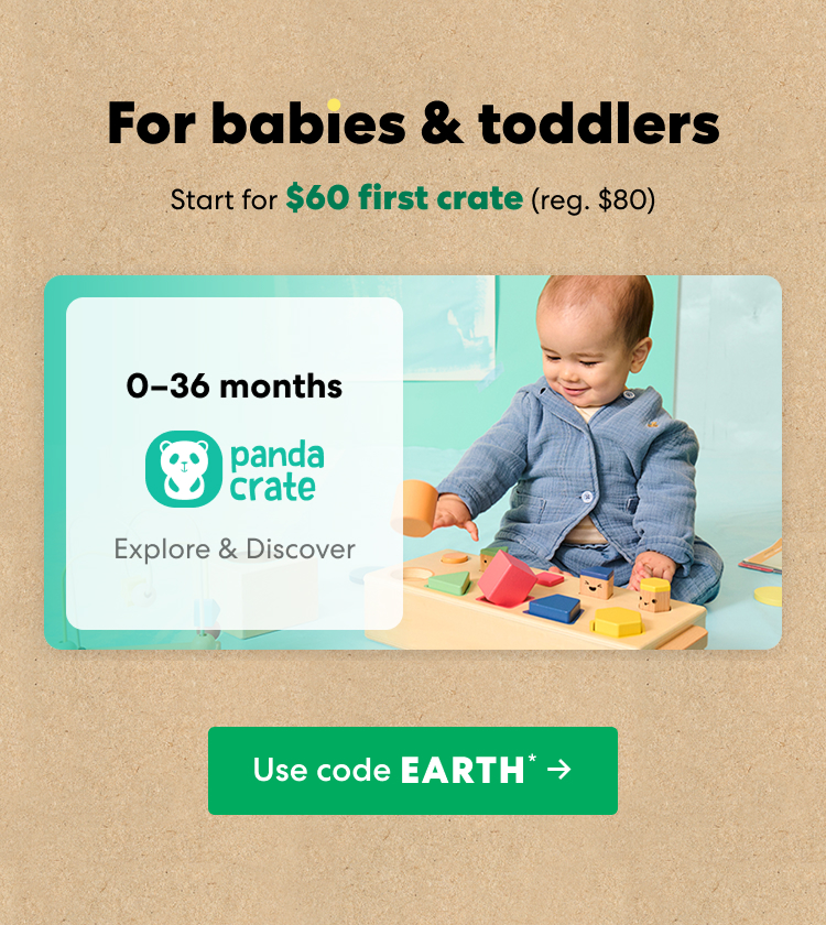 Baby playing with a KiwiCo Panda Crate toy. Designed for ages 0–36 months to explore and discover.