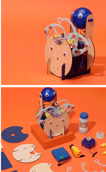 Automatic Bubble Blower from Tinker Crate. Engineer a bubble-making machine. Learn the science of forming bubbles, then construct a machine with three arms that dip, lift, and blows bubbles. Wire you blower with the included batter pack and add some cute wiggle eyes.
