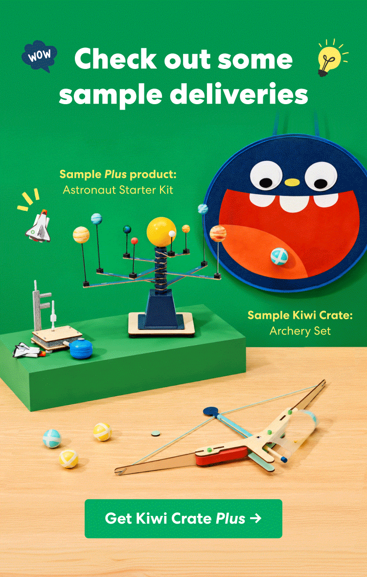 Check out some sample deliveries: Astronaut Starter Kit + Archery Set; Silly Speaker + Motorized Spin Art; Desktop Pinball + Roller Ramp Arcade Game
