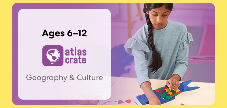 Child exploring Atlas Crate. Fun activities on culture and world exploration for ages 6 to 12+