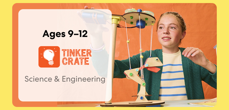 Kid exploring Tinker Crate engineering project. Hands-on STEM, ideal for ages 9 to 12