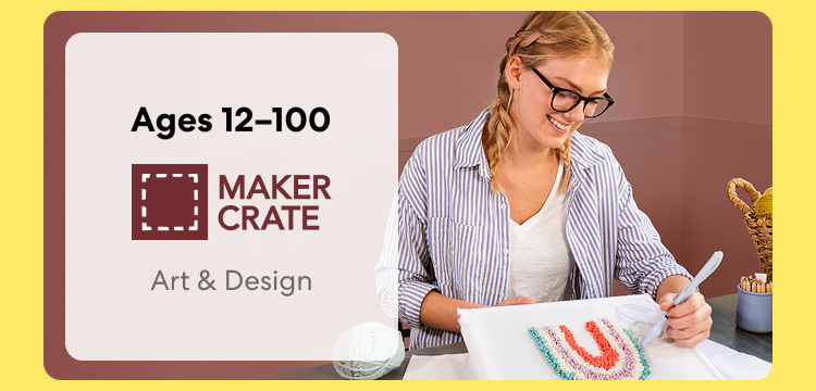 Smiling teen holding Maker Crate art and design project. Hands-on creativity studio for ages 12 and above