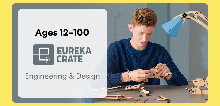 Teen exploring Eureka Crate engineering project. Creative problem-solving or ages 12 and above