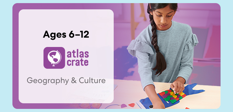 Child exploring Atlas Crate. Fun activities on culture and world exploration for ages 6 to 12+