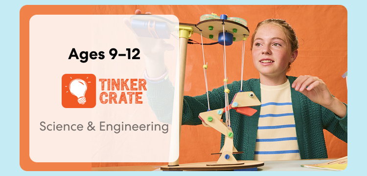 Kid exploring Tinker Crate engineering project. Hands-on STEM, ideal for ages 9 to 12
