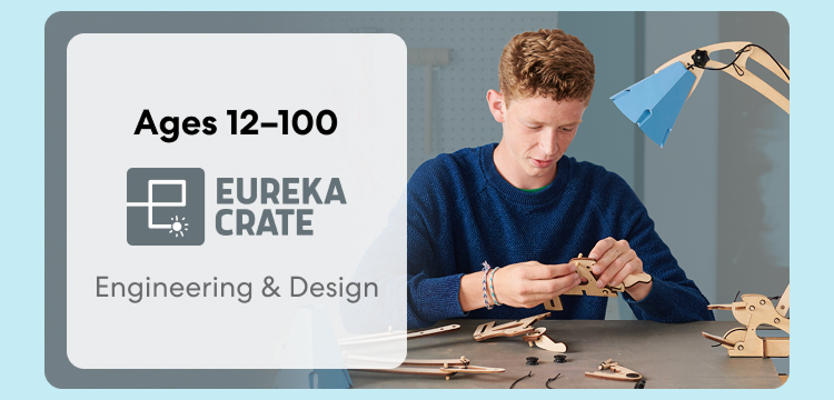Teen exploring Eureka Crate engineering project. Creative problem-solving or ages 12 and above