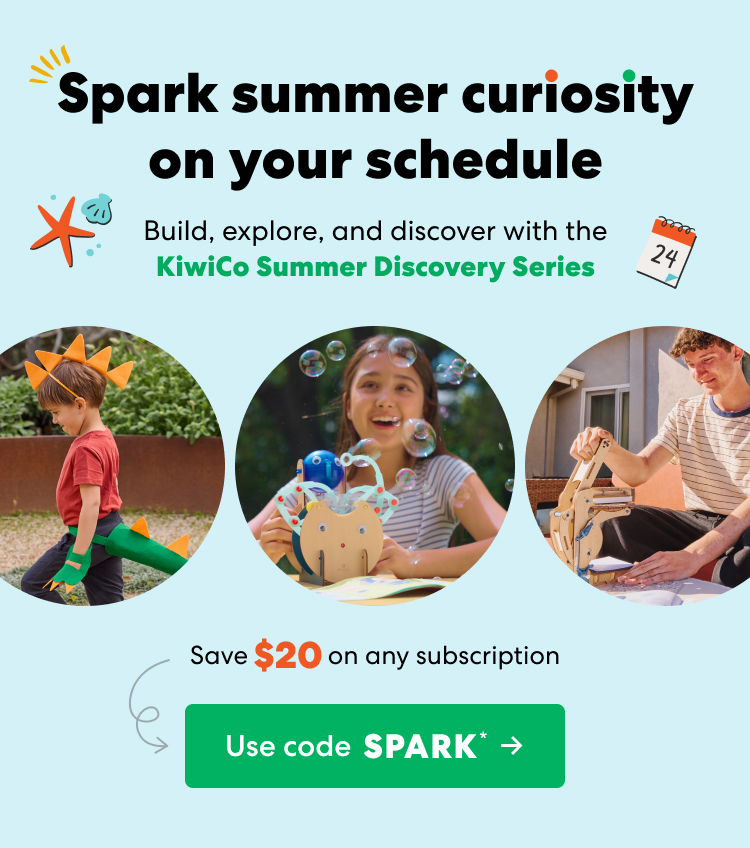 Spark summer curiosity on your schedule. Build, explore, and discover with the KiwiCo Summer Discovery Series. Save $20 on any subscription. Use code SPARK