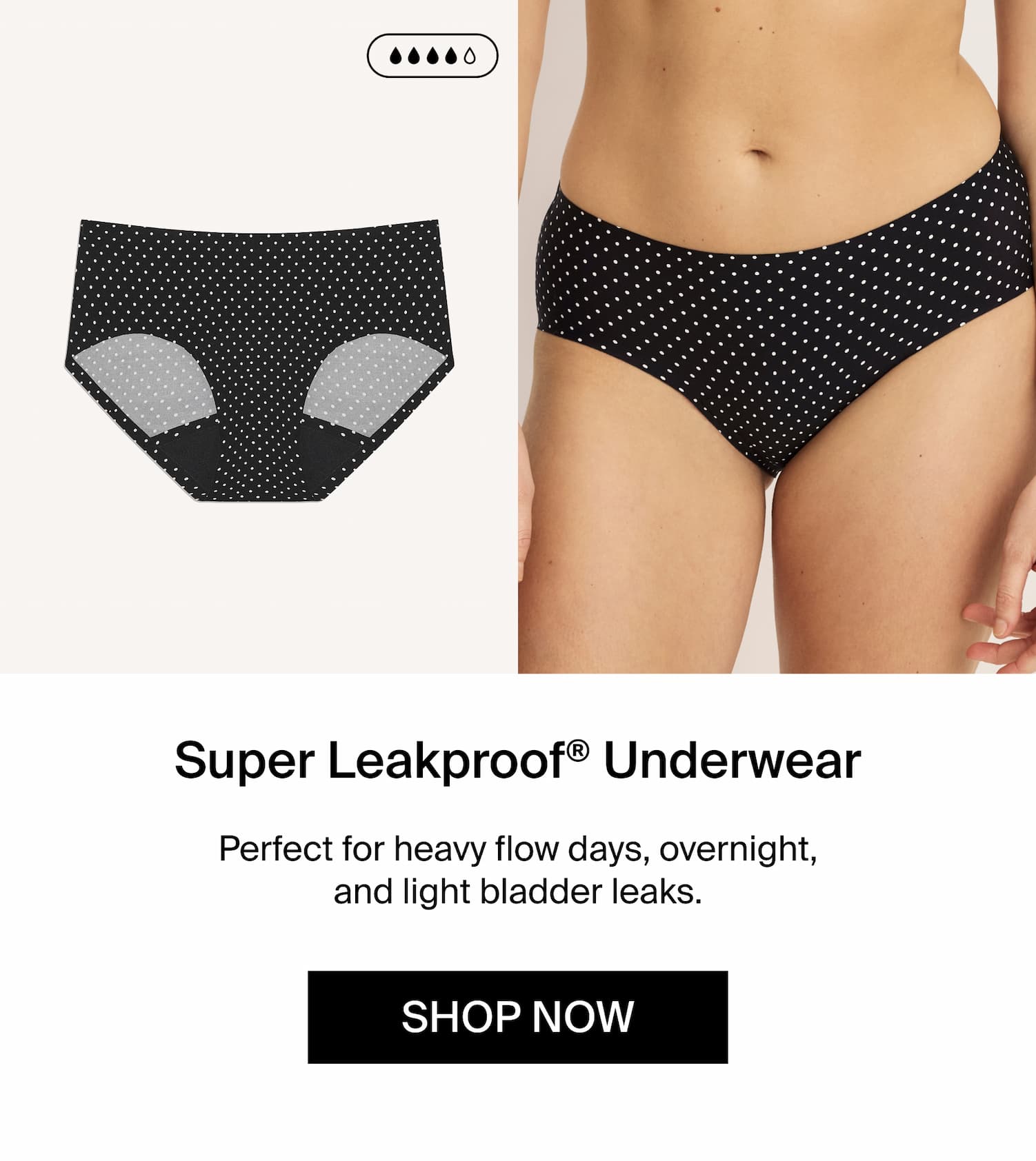 Super Leakproof® Underwear. Perfect for heavy flow days, overnight, and light bladder leaks. SHOP NOW