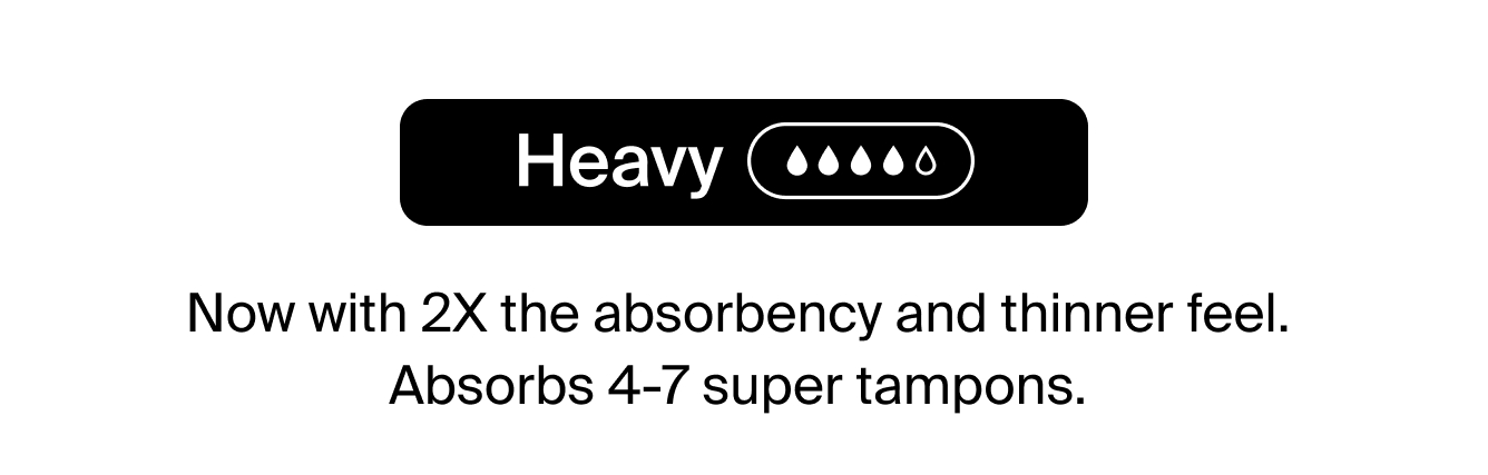 Heavy 4/5 droplets. Now with 2x the absorbency and thinner feel. Absorbs about 4-7 super tampons.