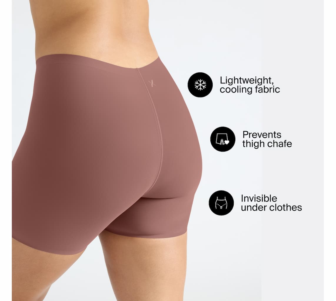 Lightweight cooling fabric, prevents thigh chafe, invisible under clothes.